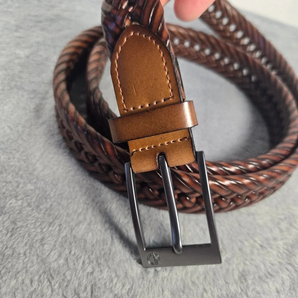 Club Room Mens Braided Leather Belt Brown Woven Gunmetal Buckle Size 42-44